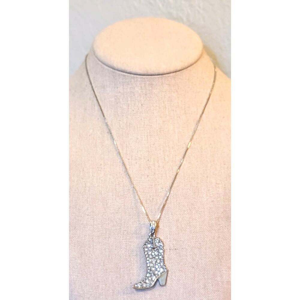 Silver Tone Rhinestone Country Western Cowgirl Boot Pendant Box Chain Necklace